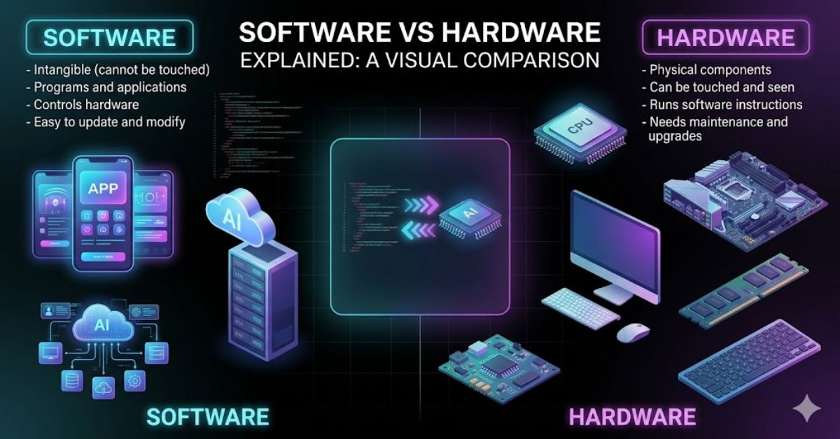 🚀 Difference Between Software and Hardware Explained Technology powers everything around us—from smartphones to advanced computers. But to truly understand how digital systems work, we must first understand the difference between software and hardware. 💻 Software includes programs, apps, and operating systems that tell a device what to do. It is invisible but powerful. 🖥️ Hardware includes physical components like CPUs, RAM, keyboards, and screens. It is the foundation that runs software. In simple terms: 👉 Software is the “brain instructions” 👉 Hardware is the “body of the machine” Both work together to make modern technology possible. 📌 Read the full article here: https://techcrebia.com/difference-between-software-and-hardware-2/ 💡 Understanding this difference helps students, developers, and tech users build stronger digital knowledge. #Technology #Software #Hardware #ComputerScience #ITBasics #TechEducation #DigitalSkills